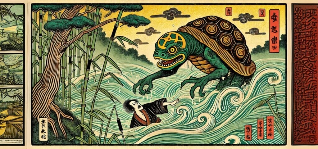 an image of a Kappa dragging a person into the river to drown