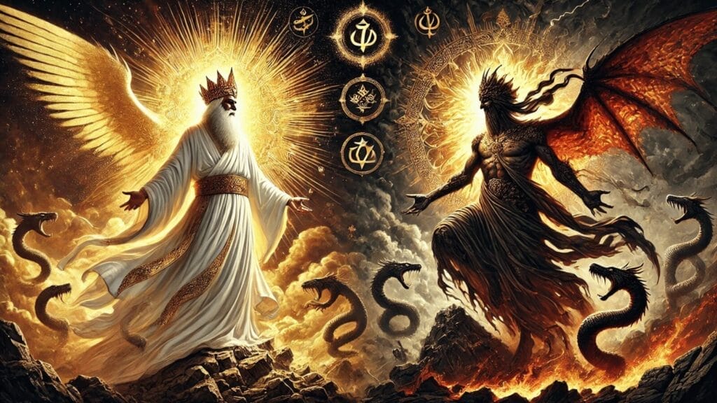 From the Zoroastrian Avesta, the concept of cosmic dualism between Ahura Mazda (the wise lord) and Angra Mainyu (destructive spirit)