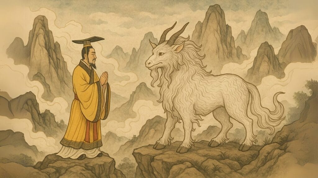 The Yellow Emperor (Huang Di) encountering Bai Ze on a mountaintop near the Eastern Sea